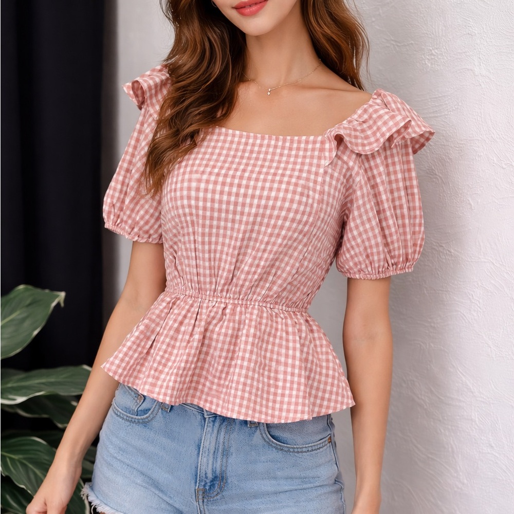 ANDRÉE by Unit Pink Gingham Peplum Top | Size M